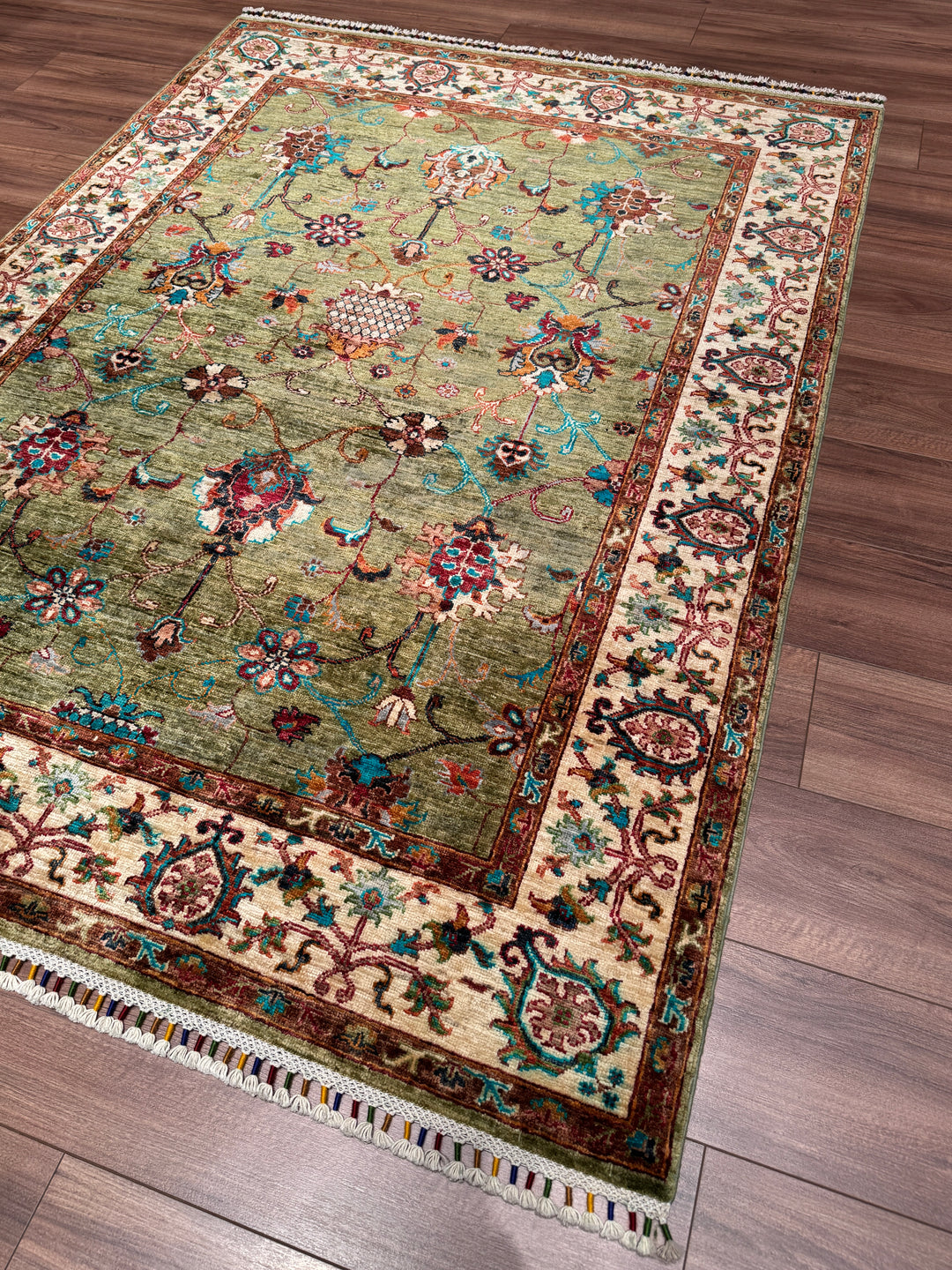 Sultani Binbirgece Orijinal El Dokuması Yeşil Kök Boya Yün Halı 148x199 2.95 Metrekare - 5x6 ft
