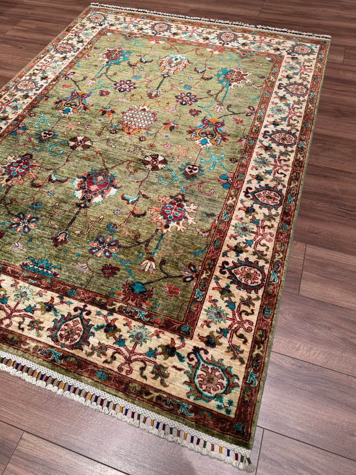 Sultani Binbirgece Orijinal El Dokuması Yeşil Kök Boya Yün Halı 148x199 2.95 Metrekare - 5x6 ft
