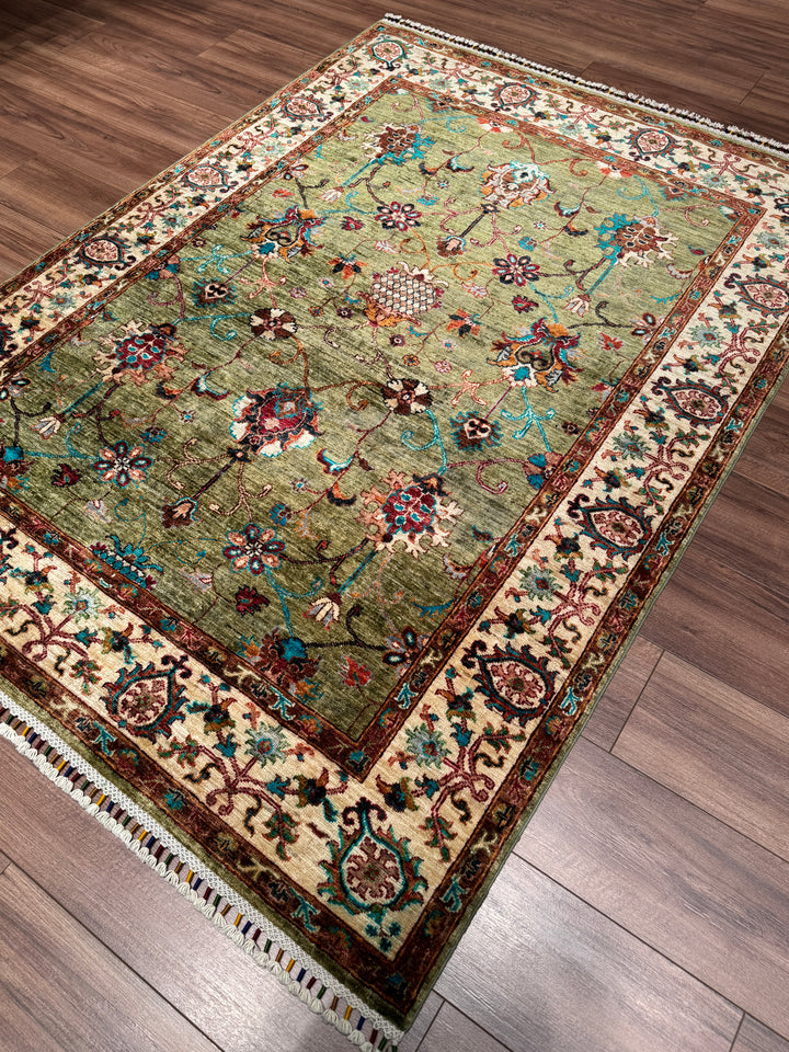 Sultani Binbirgece Orijinal El Dokuması Yeşil Kök Boya Yün Halı 148x199 2.95 Metrekare - 5x6 ft