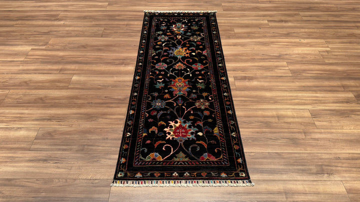 Sultani Floral Runner Original Hand Woven Black Vegetable Dyed Wool Carpet 0.81x207 1.68 Square Meters - 2x7 ft