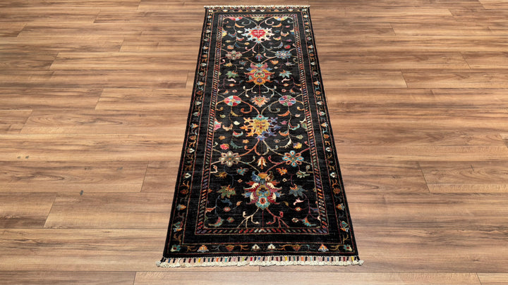 Sultani Floral Runner Original Hand Woven Black Vegetable Dyed Wool Carpet 0.81x207 1.68 Square Meters - 2x7 ft