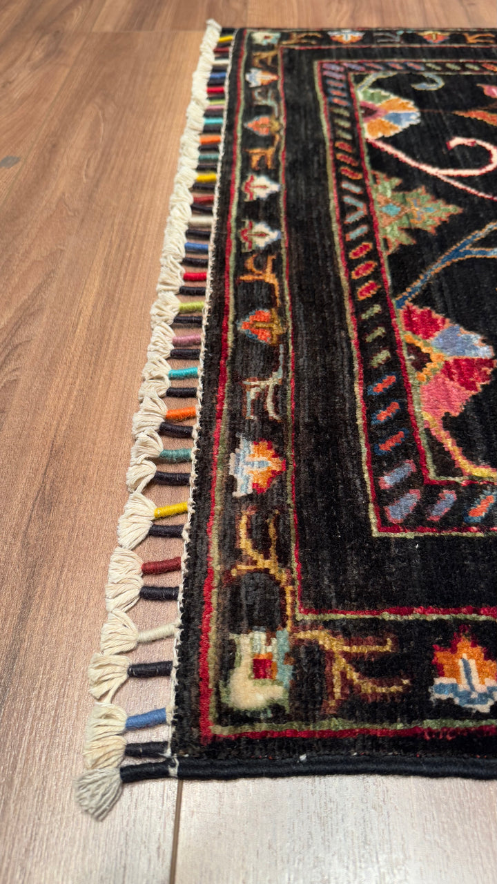 Sultani Floral Runner Original Hand Woven Black Vegetable Dyed Wool Carpet 0.81x207 1.68 Square Meters - 2x7 ft