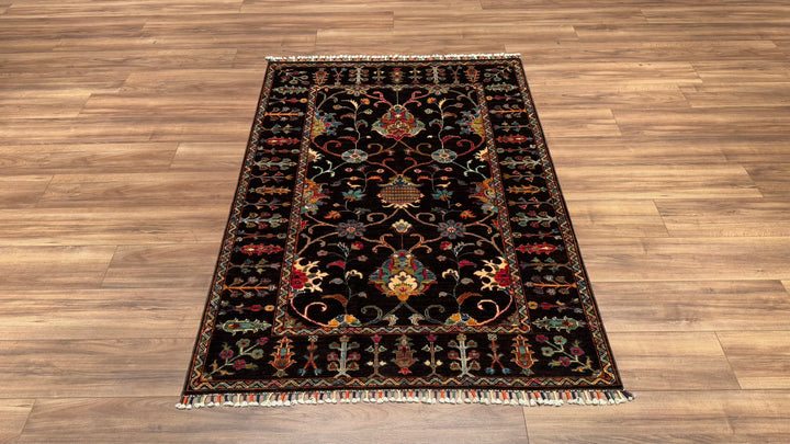 Sultani Çiçekli Orjinal El Dokuması Siyah Kök Boya Yün Halı 126x177 2.23 Metrekare - 3x5 ft