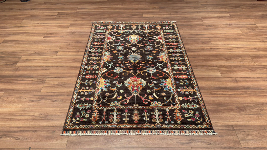 Sultani Floral Original Hand Woven Black Vegetable Dyed Wool Carpet 126x177 2.23 Square Meters - 3x5 ft