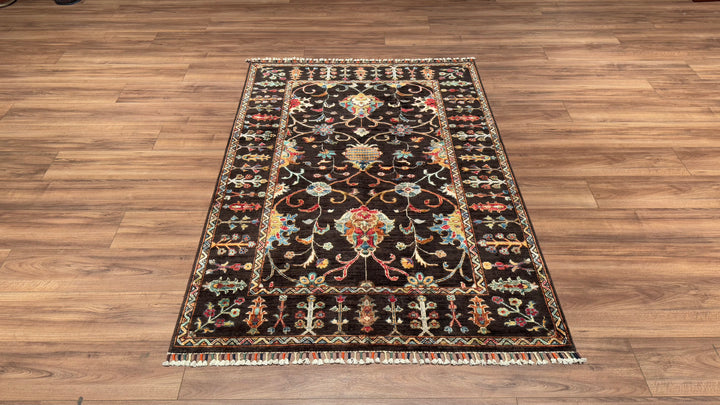 Sultani Floral Original Hand Woven Black Vegetable Dyed Wool Carpet 126x177 2.23 Square Meters - 3x5 ft