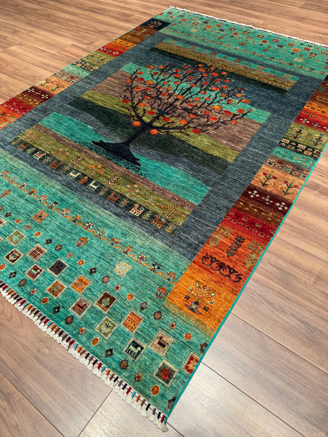 Khorjin Hayat Ağacı Orijinal El Dokuması Turkuaz Kök Boya Yün Halı 170x248 4.22 Metrekare - 5x8 ft