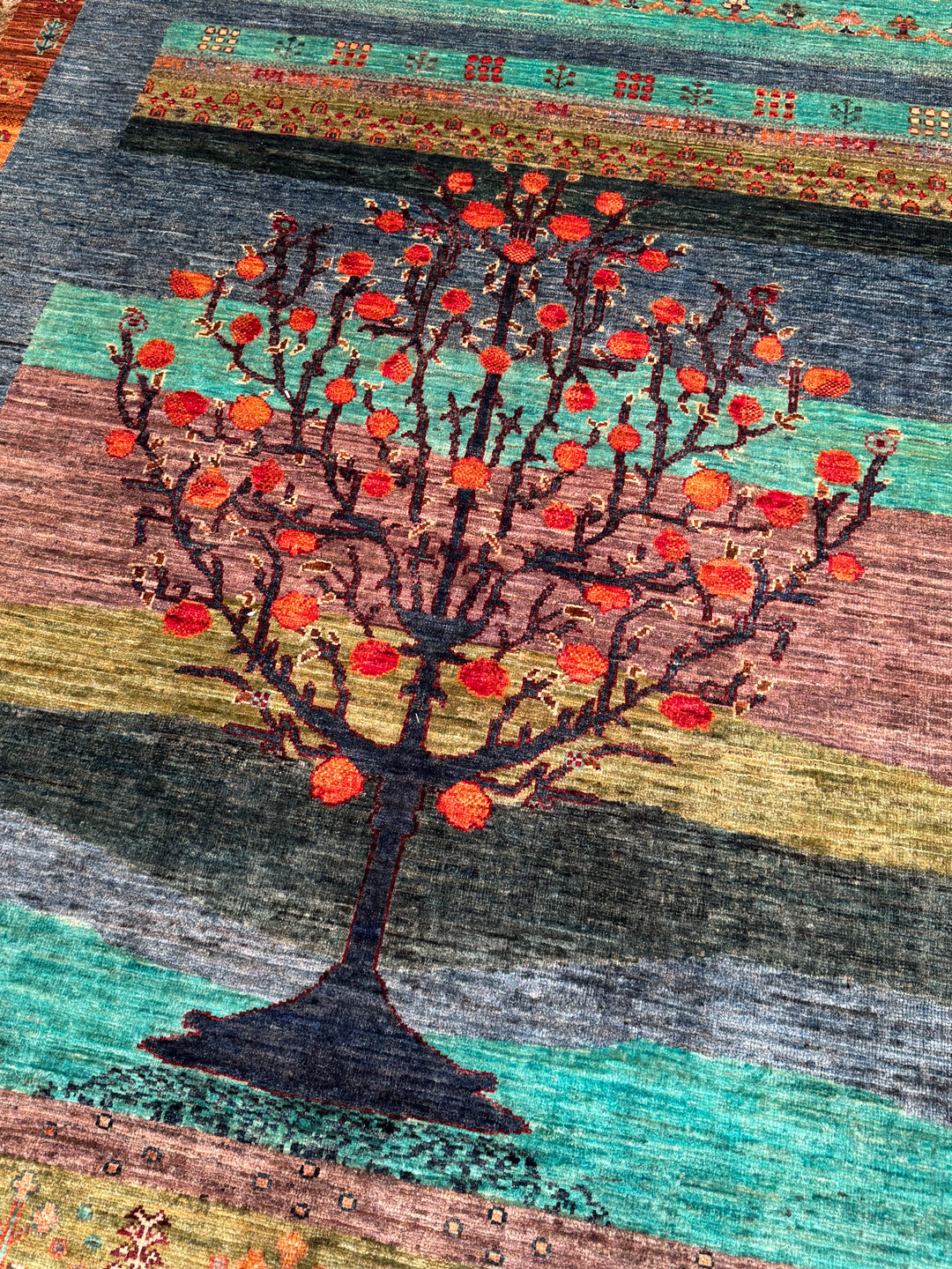 Khorjin Hayat Ağacı Orijinal El Dokuması Turkuaz Kök Boya Yün Halı 170x248 4.22 Metrekare - 5x8 ft