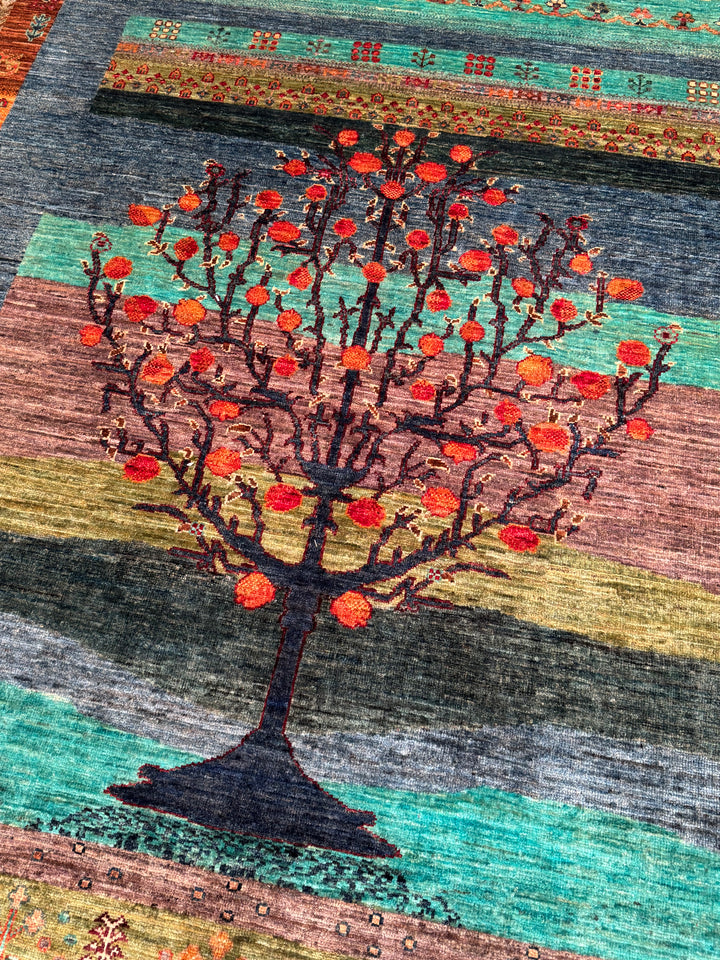 Khorjin Hayat Ağacı Orijinal El Dokuması Turkuaz Kök Boya Yün Halı 170x248 4.22 Metrekare - 5x8 ft
