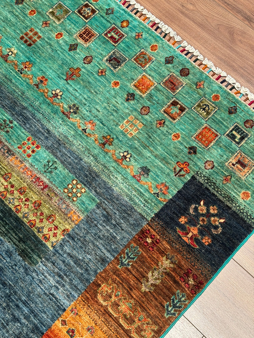 Khorjin Hayat Ağacı Orijinal El Dokuması Turkuaz Kök Boya Yün Halı 170x248 4.22 Metrekare - 5x8 ft