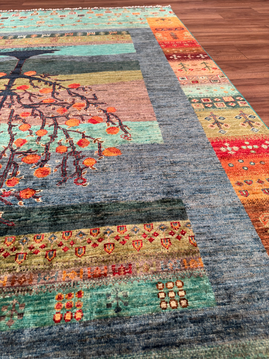 Khorjin Hayat Ağacı Orijinal El Dokuması Turkuaz Kök Boya Yün Halı 170x248 4.22 Metrekare - 5x8 ft