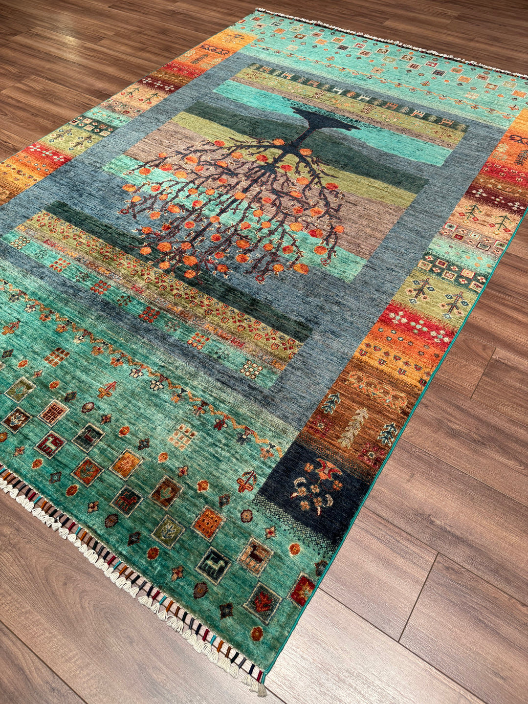 Khorjin Hayat Ağacı Orijinal El Dokuması Turkuaz Kök Boya Yün Halı 170x248 4.22 Metrekare - 5x8 ft