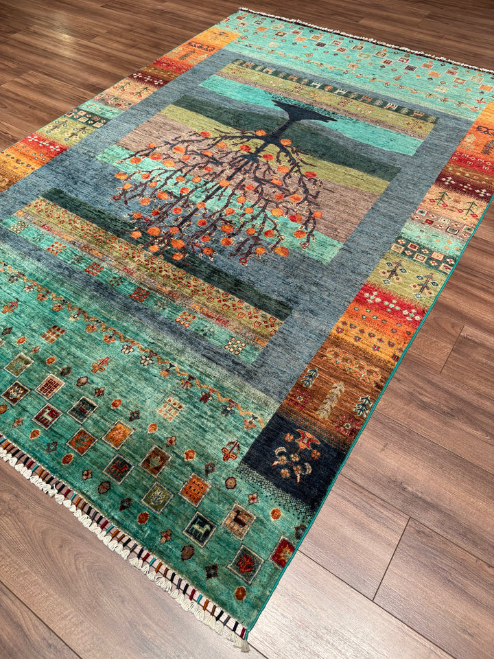 Khorjin Hayat Ağacı Orijinal El Dokuması Turkuaz Kök Boya Yün Halı 170x248 4.22 Metrekare - 5x8 ft