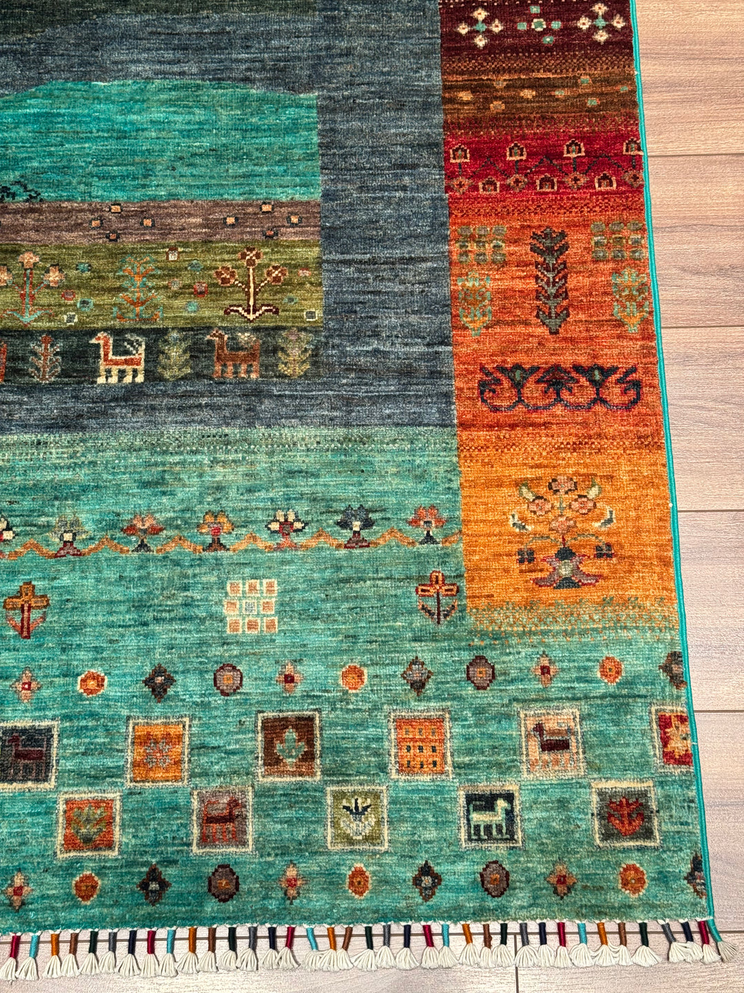 Khorjin Hayat Ağacı Orijinal El Dokuması Turkuaz Kök Boya Yün Halı 170x248 4.22 Metrekare - 5x8 ft