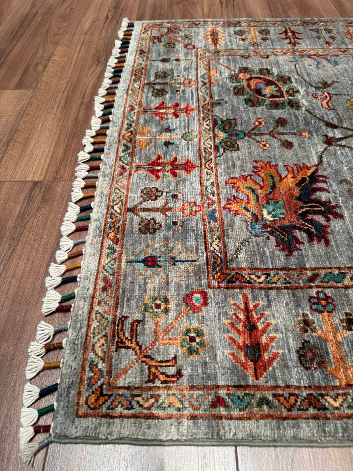 Sultani Çiçekli Orijinal El Dokuması Gri Kök Boya Yün Halı 0.99x153 1.51 Metrekare - 3x5 ft