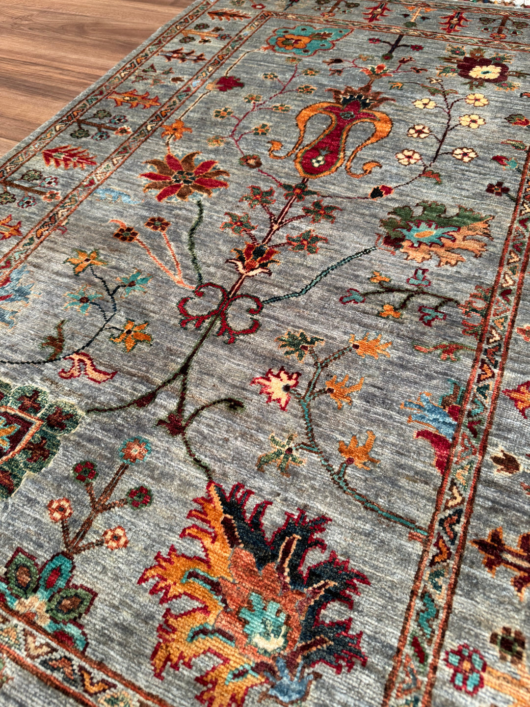 Sultani Çiçekli Orijinal El Dokuması Gri Kök Boya Yün Halı 0.99x153 1.51 Metrekare - 3x5 ft