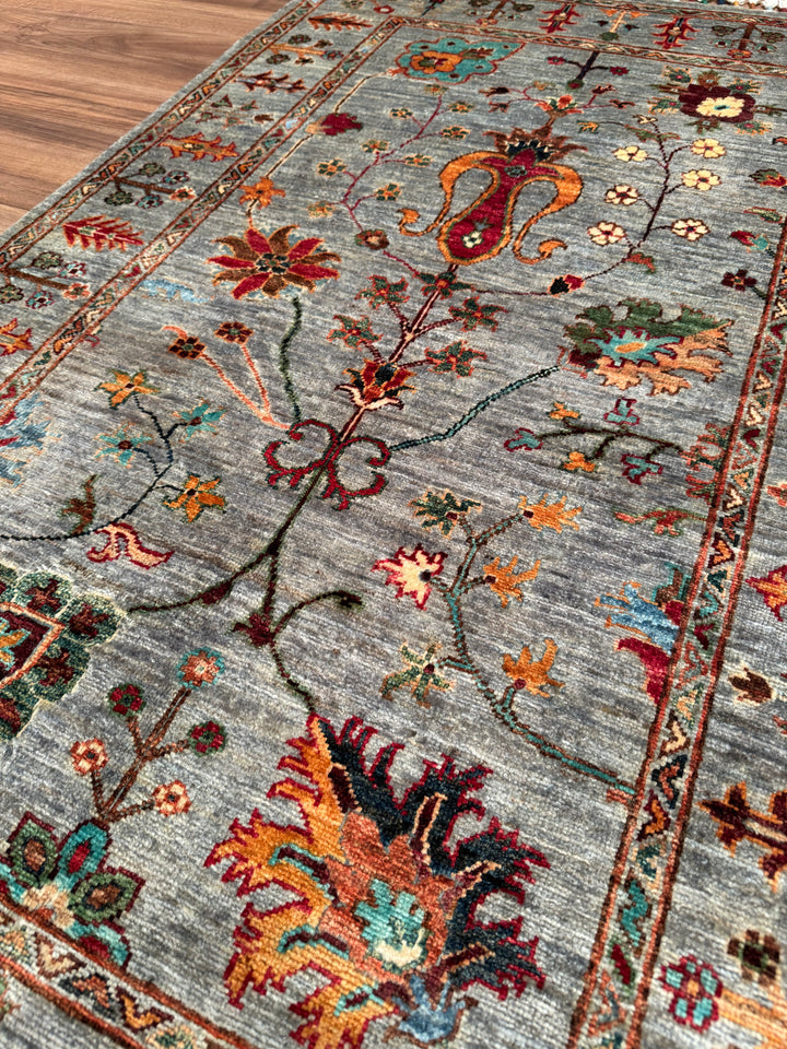 Sultani Çiçekli Orijinal El Dokuması Gri Kök Boya Yün Halı 0.99x153 1.51 Metrekare - 3x5 ft