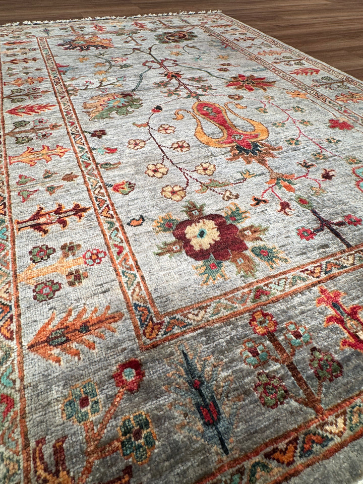 Sultani Çiçekli Orijinal El Dokuması Gri Kök Boya Yün Halı 0.99x153 1.51 Metrekare - 3x5 ft
