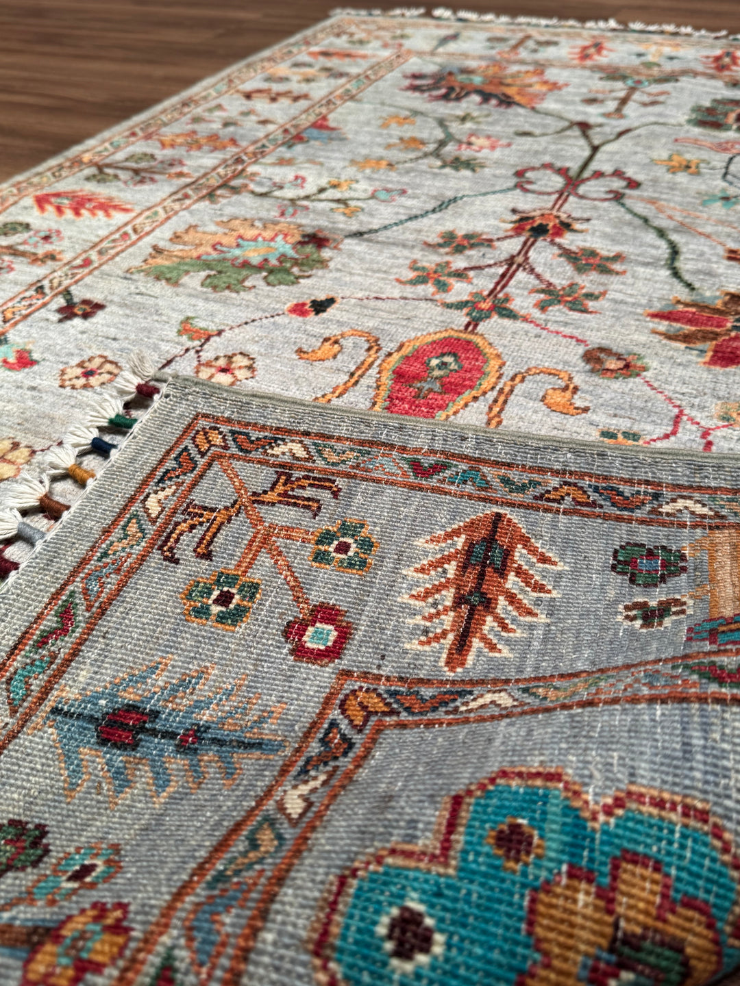 Sultani Çiçekli Orijinal El Dokuması Gri Kök Boya Yün Halı 0.99x153 1.51 Metrekare - 3x5 ft