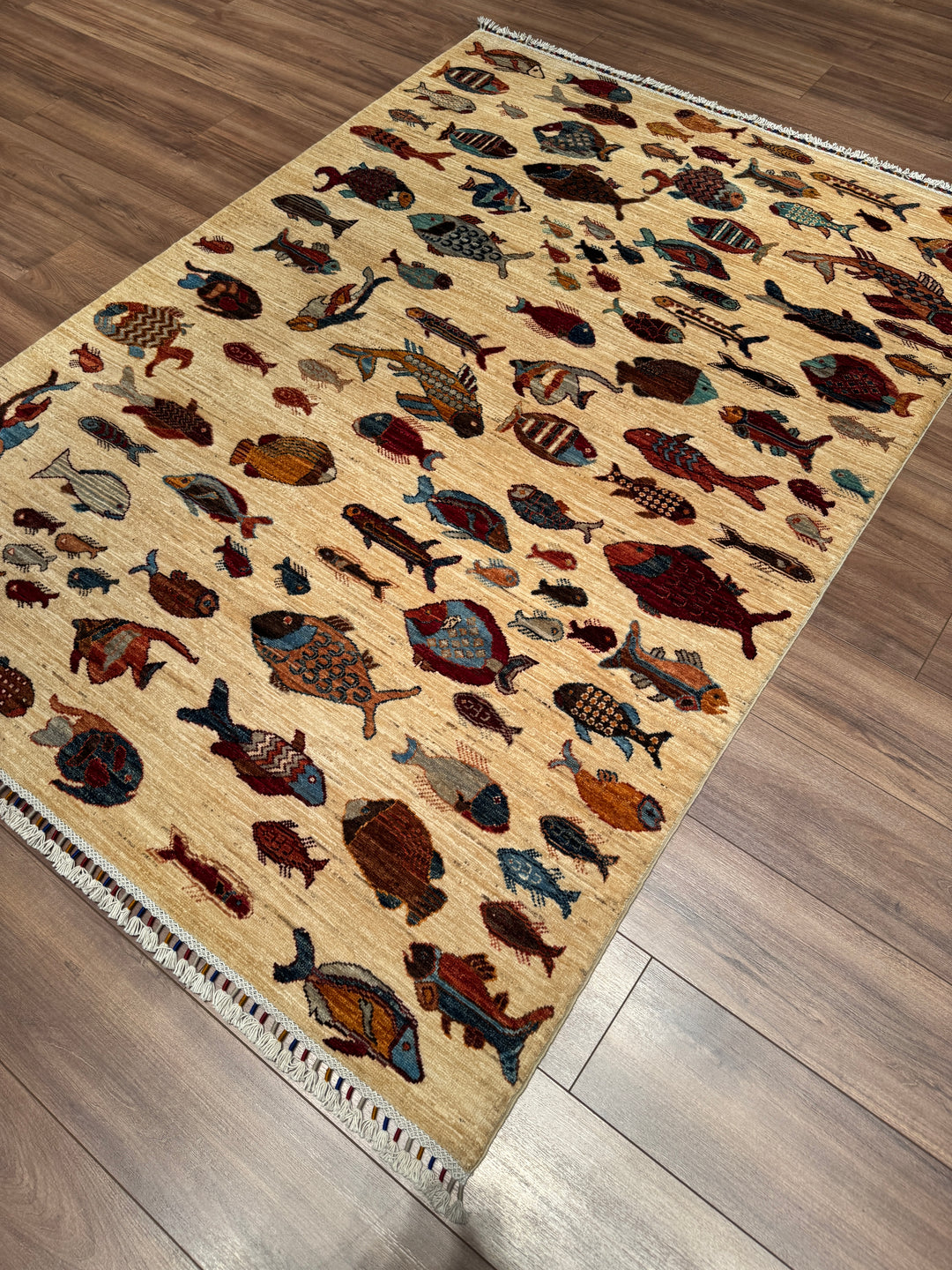 Balık Orijinal El Dokuması Krem Kök Boya Yün Halı 150x207 3.11 Metrekare - 5x7 ft