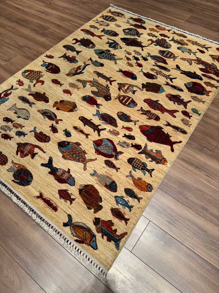 Balık Orijinal El Dokuması Krem Kök Boya Yün Halı 150x207 3.11 Metrekare - 5x7 ft