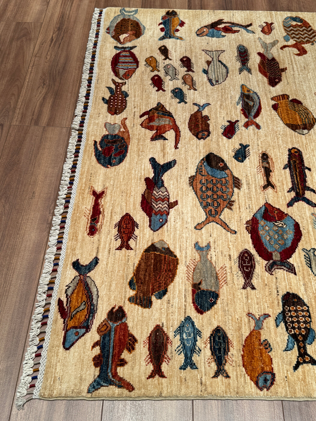 Balık Orijinal El Dokuması Krem Kök Boya Yün Halı 150x207 3.11 Metrekare - 5x7 ft