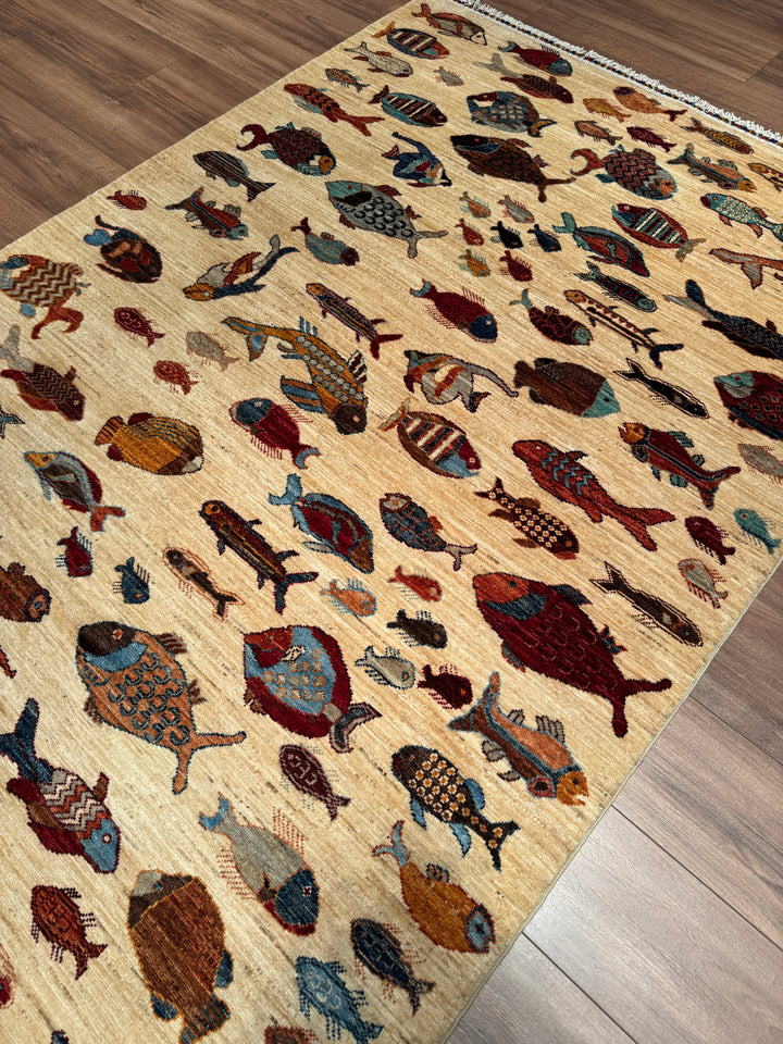 Balık Orijinal El Dokuması Krem Kök Boya Yün Halı 150x207 3.11 Metrekare - 5x7 ft