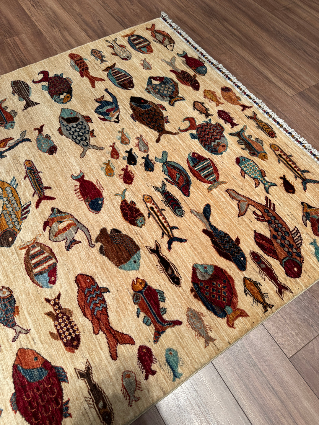 Balık Orijinal El Dokuması Krem Kök Boya Yün Halı 150x207 3.11 Metrekare - 5x7 ft