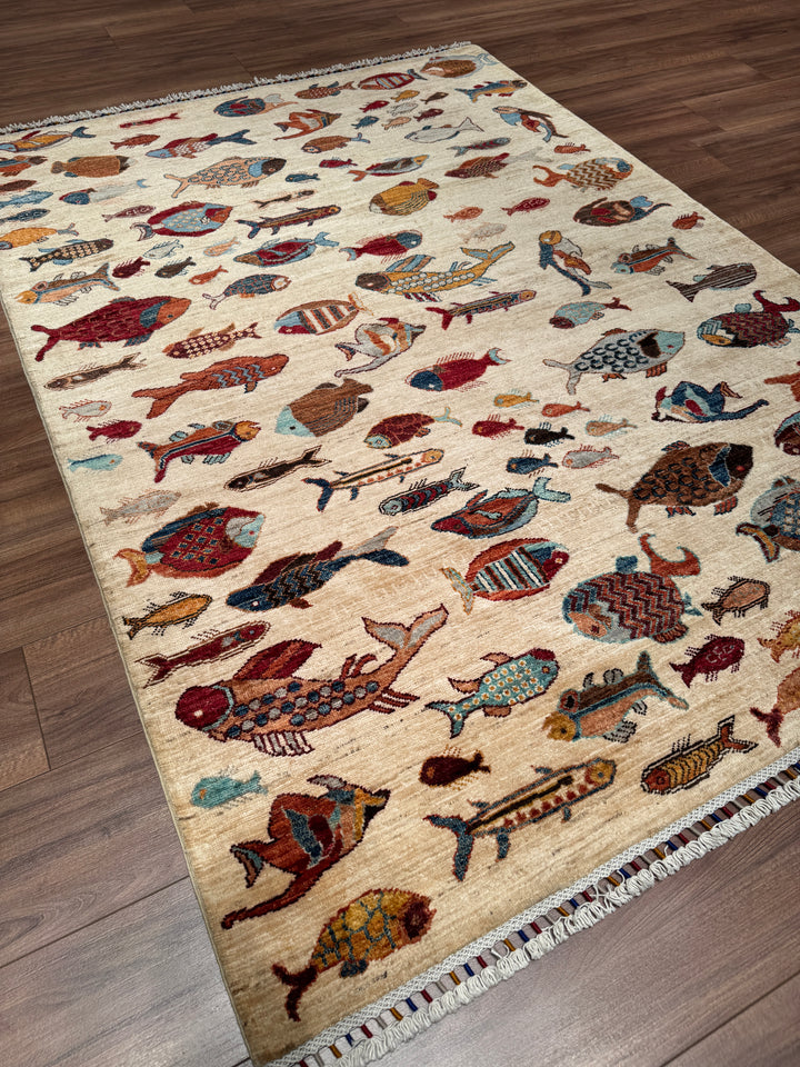 Balık Orijinal El Dokuması Krem Kök Boya Yün Halı 150x207 3.11 Metrekare - 5x7 ft