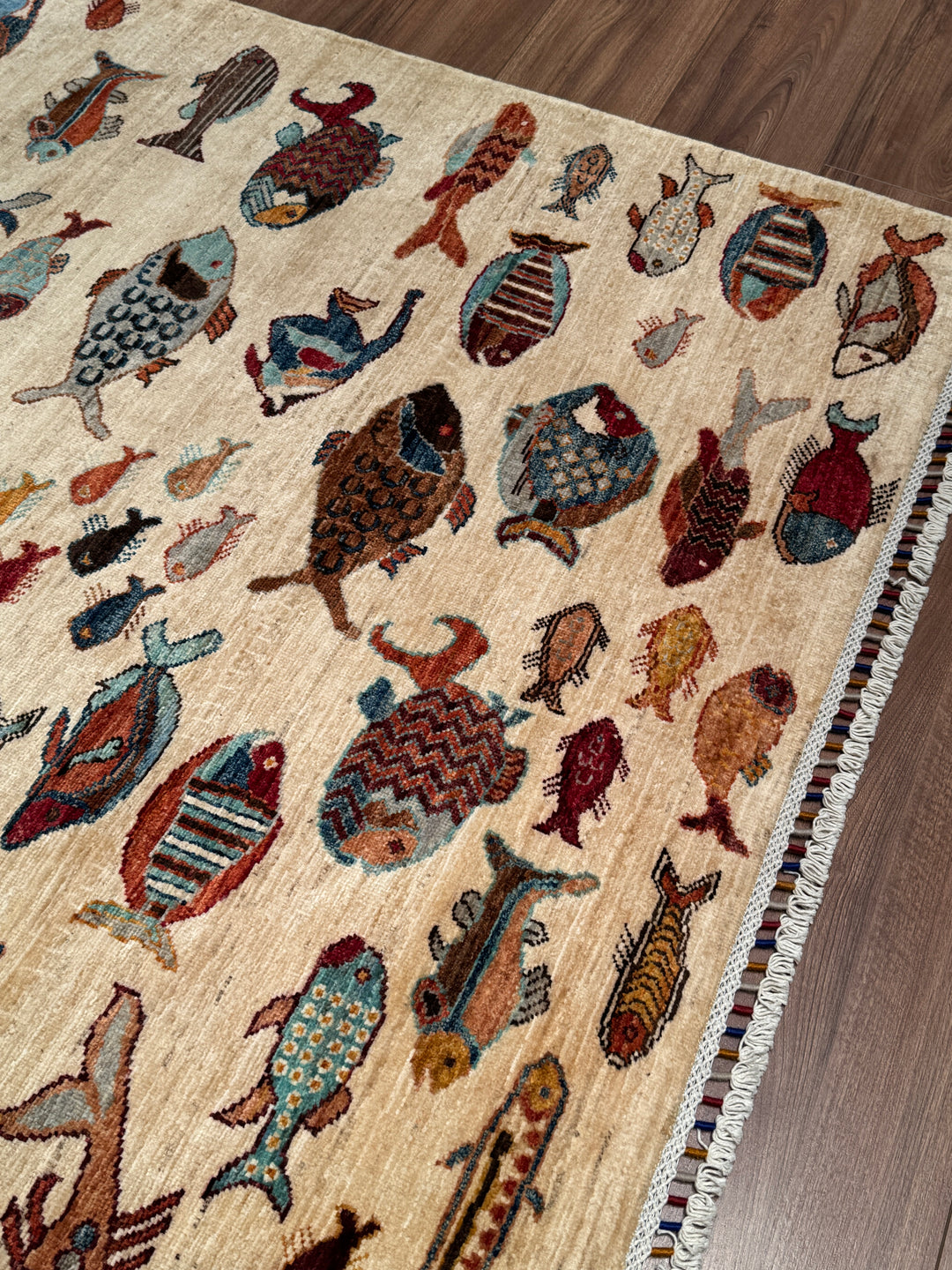 Balık Orijinal El Dokuması Krem Kök Boya Yün Halı 150x207 3.11 Metrekare - 5x7 ft