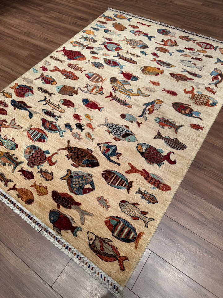 Balık Orijinal El Dokuması Krem Kök Boya Yün Halı 150x207 3.11 Metrekare - 5x7 ft