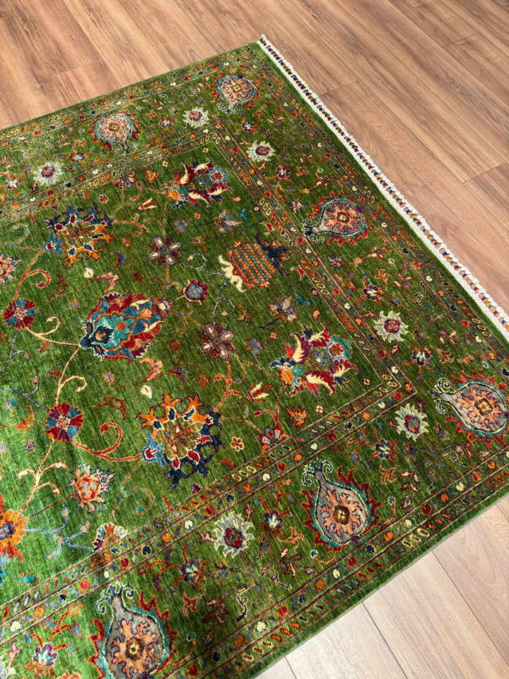 Sultani Binbirgece Orijinal El Dokuması Yeşil Kök Boya Yün Halı 169x248 4.19 Metrekare - 5x8 ft