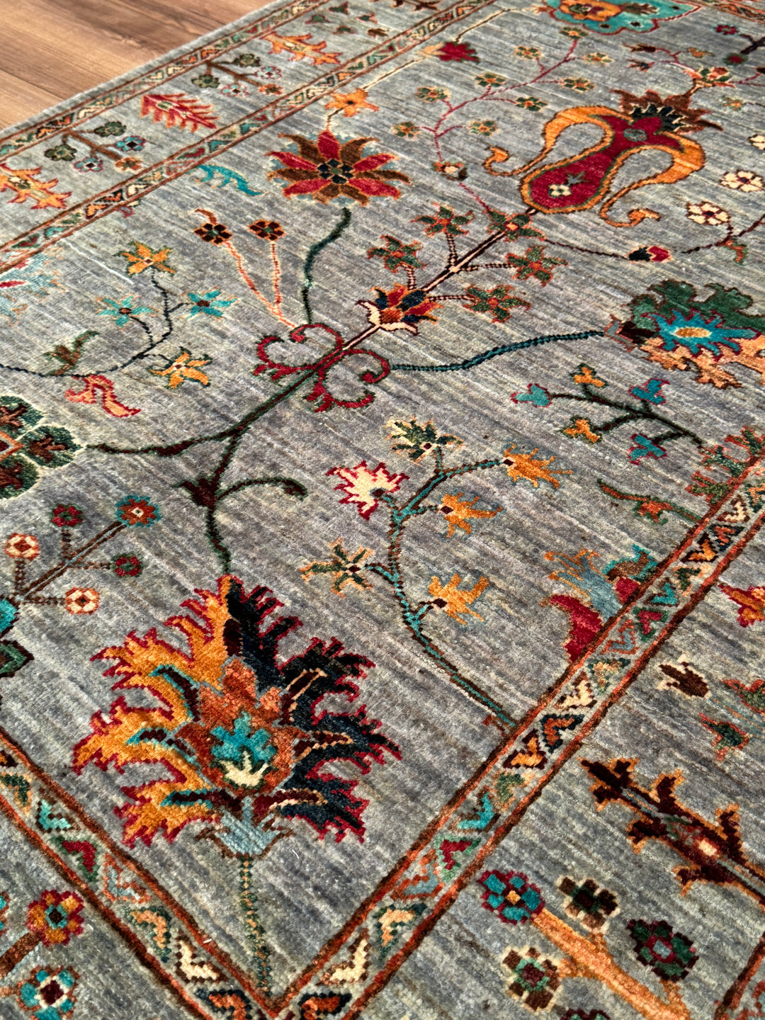 Sultani Floral Original Handwoven Grey Root Dye Wool Rug 102x149 cm (1.52 square meters) - 3x5 ft 