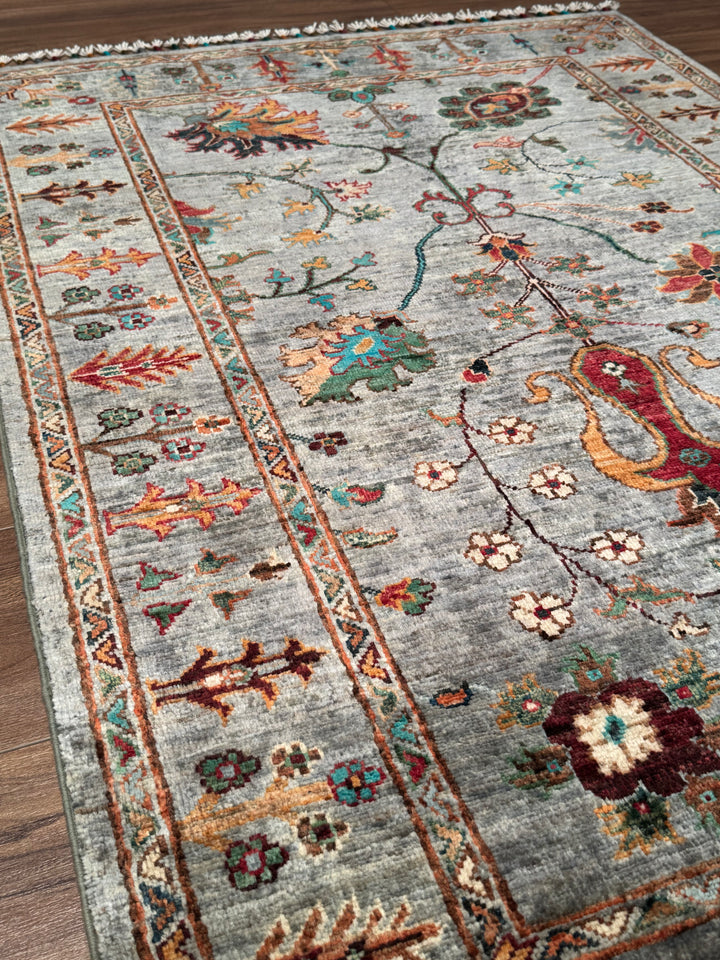 Sultani Floral Original Handwoven Grey Root Dye Wool Rug 102x149 cm (1.52 square meters) - 3x5 ft 