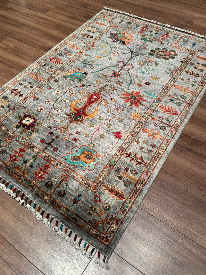 Sultani Floral Original Handwoven Grey Root Dye Wool Rug 102x149 cm (1.52 square meters) - 3x5 ft 