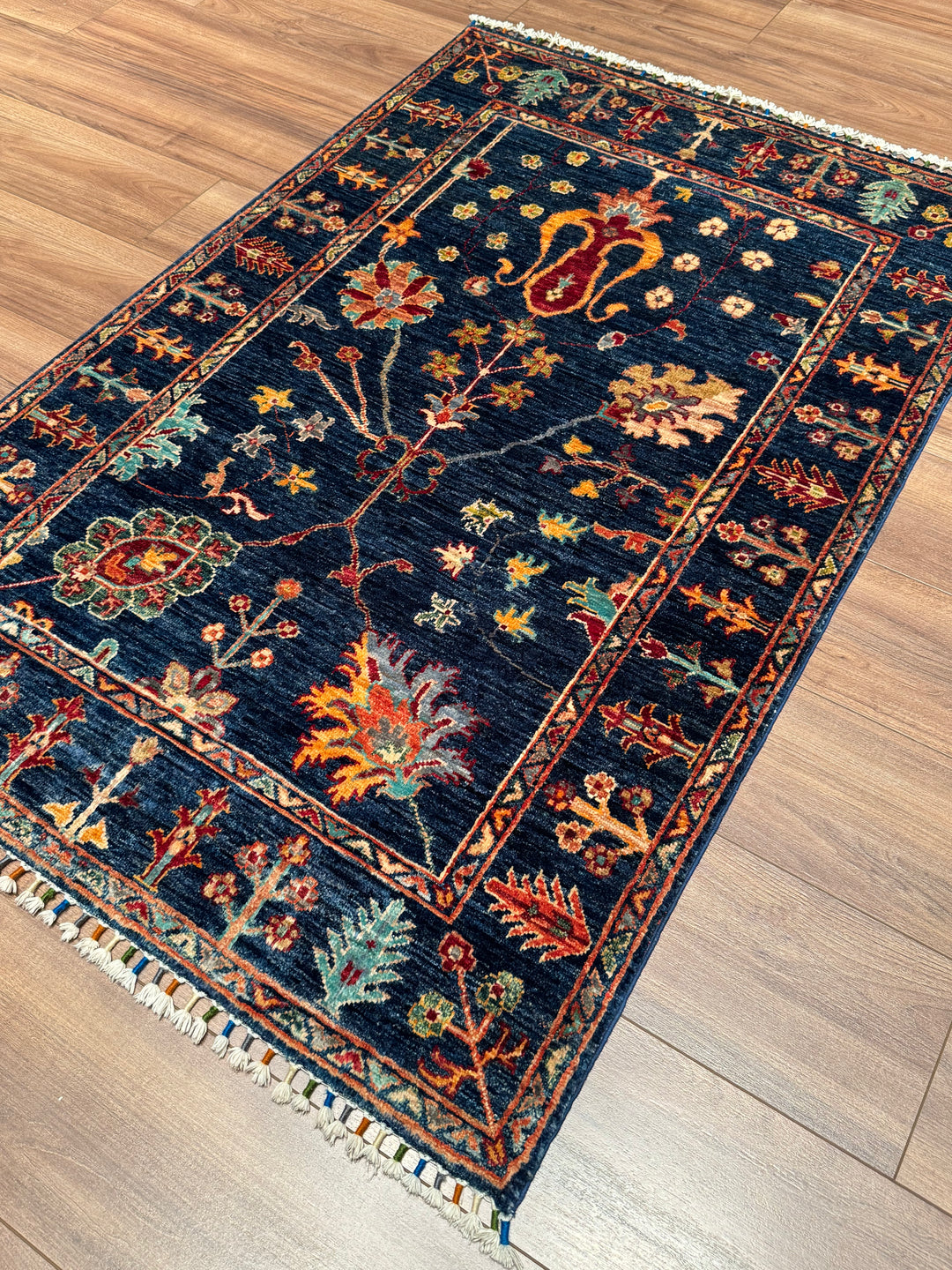 Sultani Floral Original Hand-Woven Navy Blue Root Dye Wool Carpet 0.98x150 1.47 Square Meters - 3x5 ft 