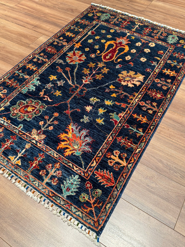 Sultani Floral Original Hand-Woven Navy Blue Root Dye Wool Carpet 0.98x150 1.47 Square Meters - 3x5 ft 