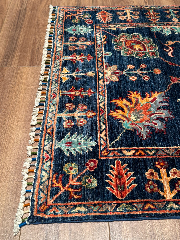 Sultani Floral Original Hand-Woven Navy Blue Root Dye Wool Carpet 0.98x150 1.47 Square Meters - 3x5 ft 