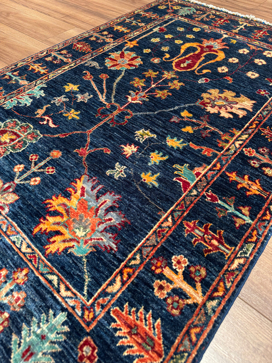 Sultani Floral Original Hand-Woven Navy Blue Root Dye Wool Carpet 0.98x150 1.47 Square Meters - 3x5 ft 