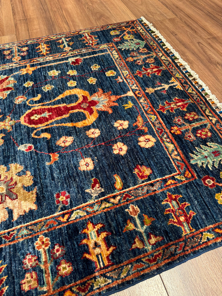 Sultani Floral Original Hand-Woven Navy Blue Root Dye Wool Carpet 0.98x150 1.47 Square Meters - 3x5 ft 