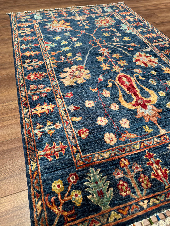 Sultani Floral Original Hand-Woven Navy Blue Root Dye Wool Carpet 0.98x150 1.47 Square Meters - 3x5 ft 