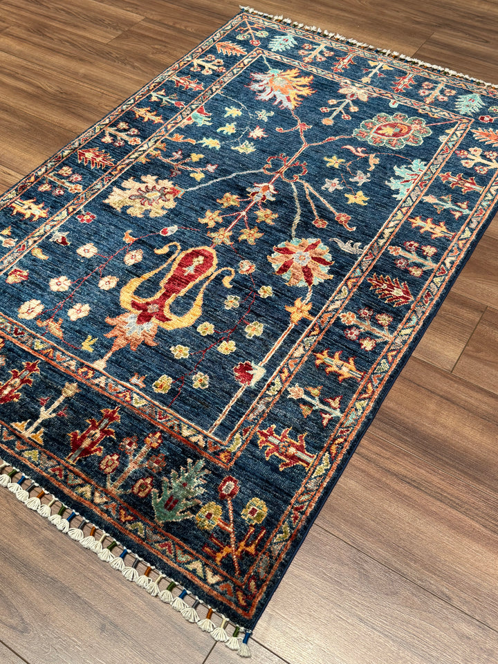 Sultani Floral Original Hand-Woven Navy Blue Root Dye Wool Carpet 0.98x150 1.47 Square Meters - 3x5 ft 