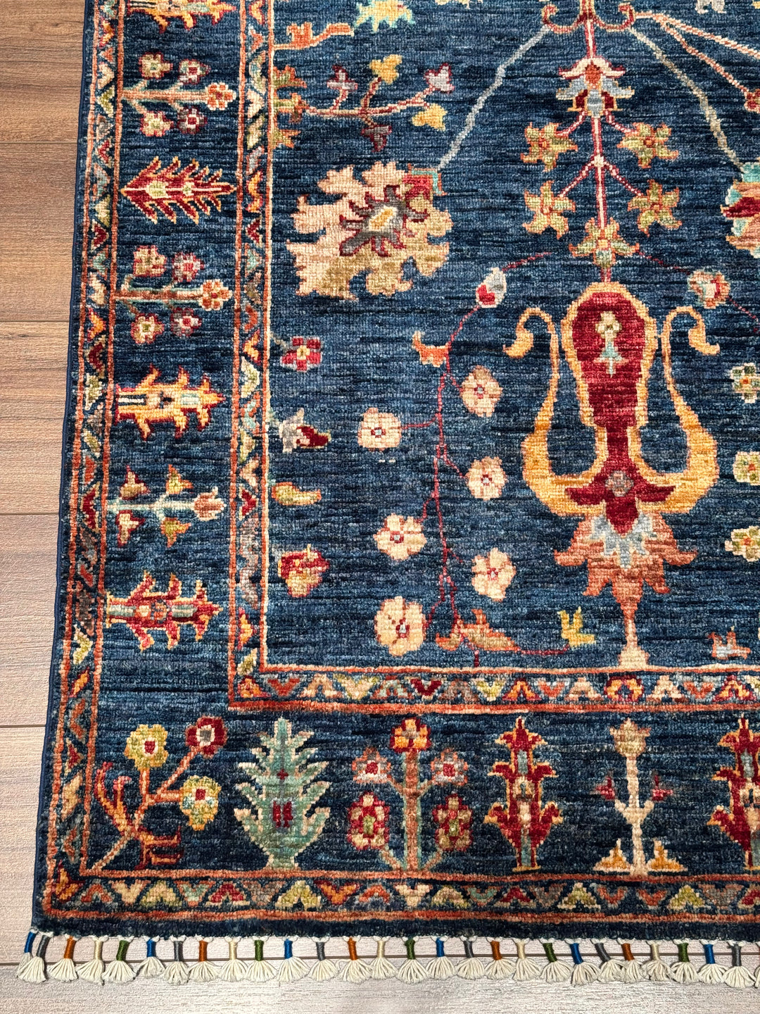 Sultani Floral Original Hand-Woven Navy Blue Root Dye Wool Carpet 0.98x150 1.47 Square Meters - 3x5 ft 