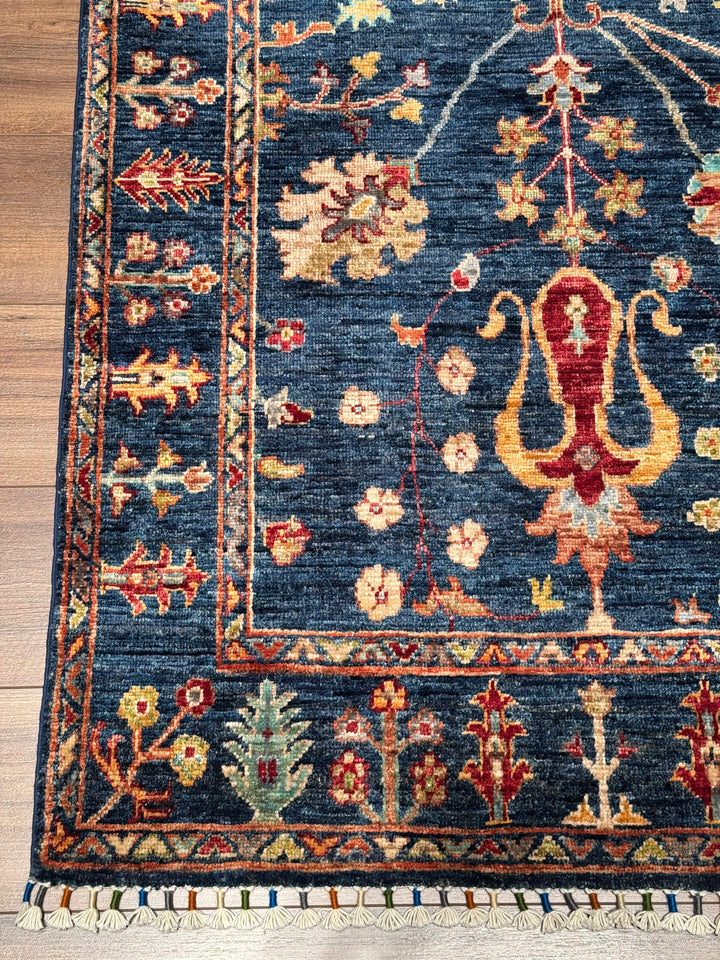 Sultani Floral Original Hand-Woven Navy Blue Root Dye Wool Carpet 0.98x150 1.47 Square Meters - 3x5 ft 
