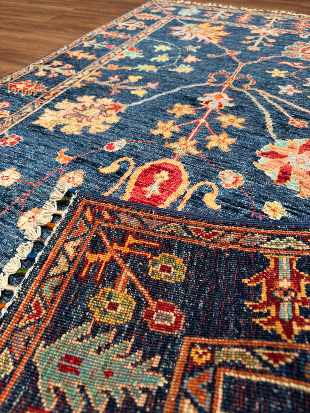 Sultani Floral Original Hand-Woven Navy Blue Root Dye Wool Carpet 0.98x150 1.47 Square Meters - 3x5 ft 