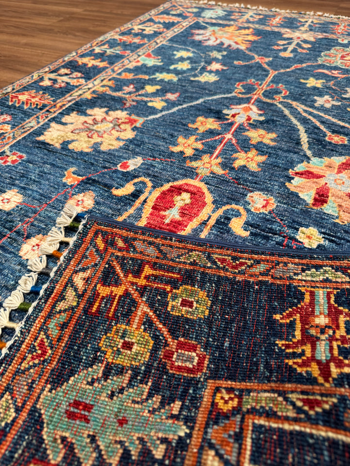 Sultani Floral Original Hand-Woven Navy Blue Root Dye Wool Carpet 0.98x150 1.47 Square Meters - 3x5 ft 