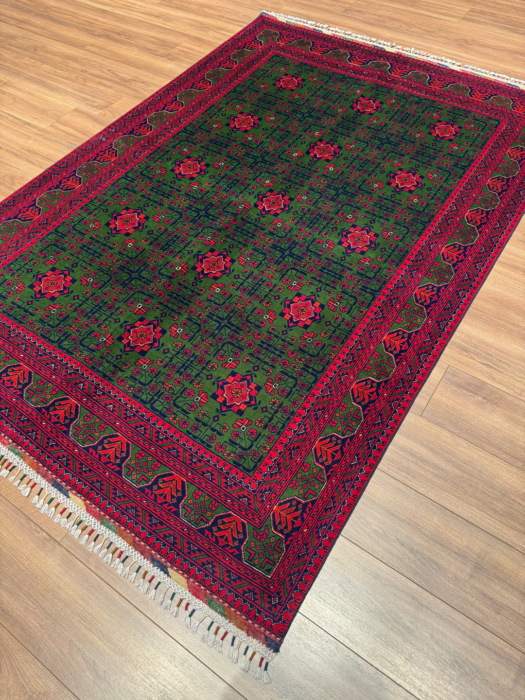 Afgan Halısı Yeşil Hamyap Orijinal El Dokuması Kök Boya Yün 163x234 3.81 Metrekare - 5x7 ft