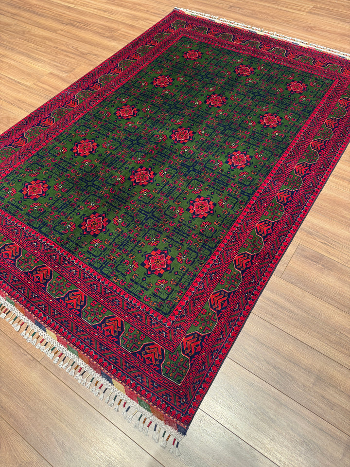 Afgan Halısı Yeşil Hamyap Orijinal El Dokuması Kök Boya Yün 163x234 3.81 Metrekare - 5x7 ft