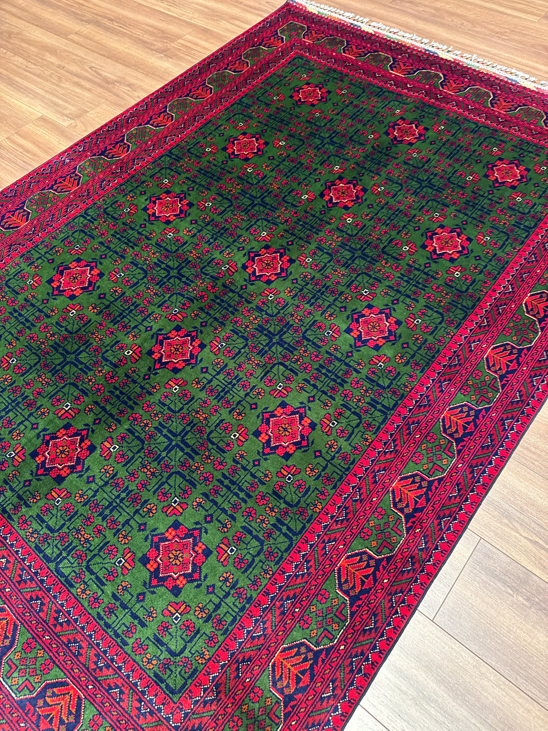 Afgan Halısı Yeşil Hamyap Orijinal El Dokuması Kök Boya Yün 163x234 3.81 Metrekare - 5x7 ft