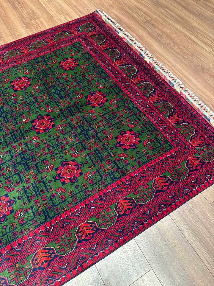 Afgan Halısı Yeşil Hamyap Orijinal El Dokuması Kök Boya Yün 163x234 3.81 Metrekare - 5x7 ft