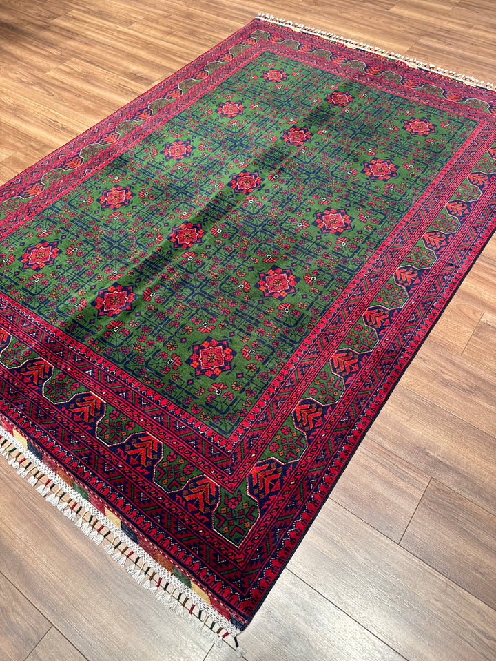 Afgan Halısı Yeşil Hamyap Orijinal El Dokuması Kök Boya Yün 163x234 3.81 Metrekare - 5x7 ft